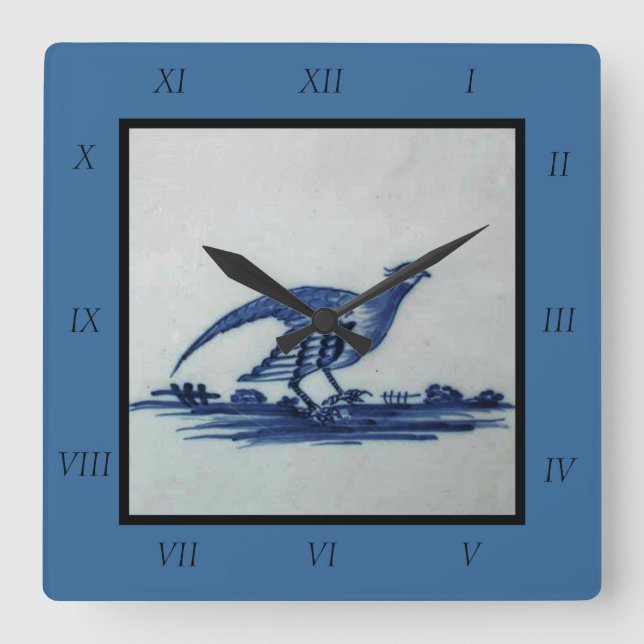 Antique Delft Blue Tile - Grouse in the Grass Square Wall Clock (Front)