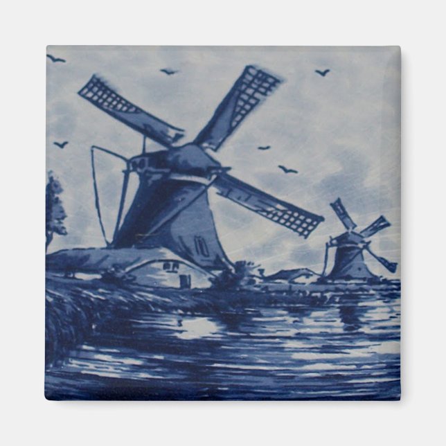 Antique Delft Blue Tile - Windmills by the Water B Magnet (Front)
