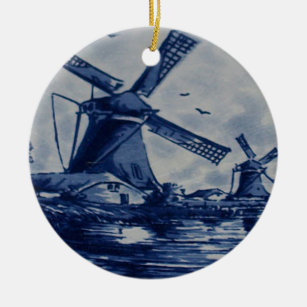 Antique Delft Blue Tile - Windmills by the Water Ceramic Ornament