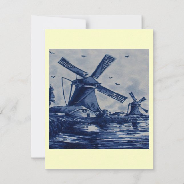 Antique Delft Blue Tile - Windmills by the Water Invitation (Front)