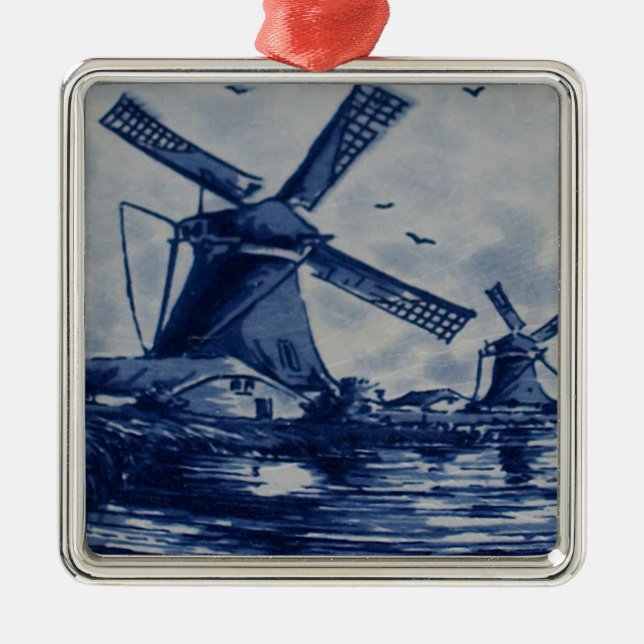 Antique Delft Blue Tile - Windmills by the Water Metal Ornament (Front)