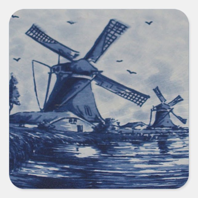 Antique Delft Blue Tile - Windmills by the Water Square Sticker (Front)