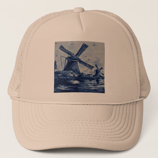 Antique Delft Blue Tile - Windmills by the Water Trucker Hat (Front)