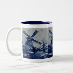 Antique Delft Blue Tile - Windmills by the Water Two-Tone Coffee Mug