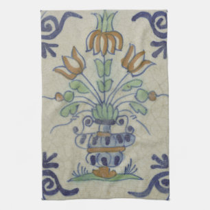 Antique Delft Tile Dutch Tulip Vase: Blue and Gold Kitchen Towel