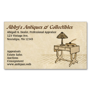 Antique Desk with Lamp, Books and Pen Magnetic Business Card