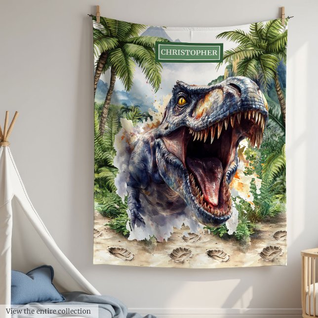 Antique Dinosaur T-rex Personalized Name Boys Fleece Blanket (Antique Dinosaur T-rex Personalized Name Boys)