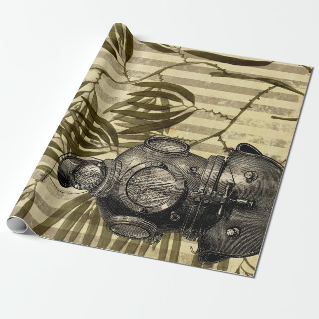 Antique Diving Helmet and Seaweed Wrapping Paper (Unrolled)