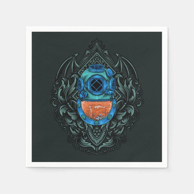 Antique Diving Helmet Emblem with Shark Napkin (Front)