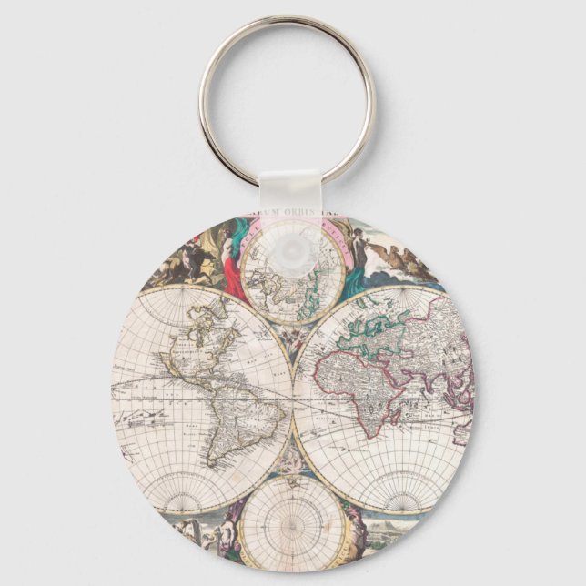 Antique Double-Hemisphere World Map Keychain (Front)