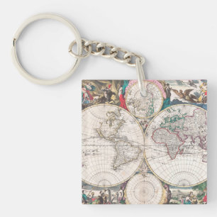 Antique Double-Hemisphere World Map Keychain
