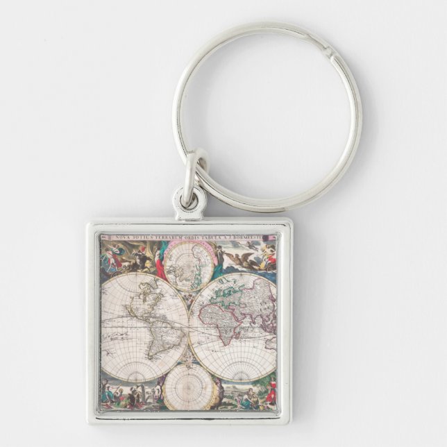 Antique Double-Hemisphere World Map Keychain (Front)