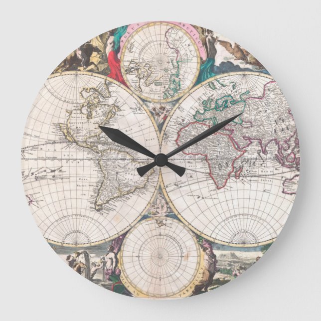 Antique Double-Hemisphere World Map Large Clock (Front)