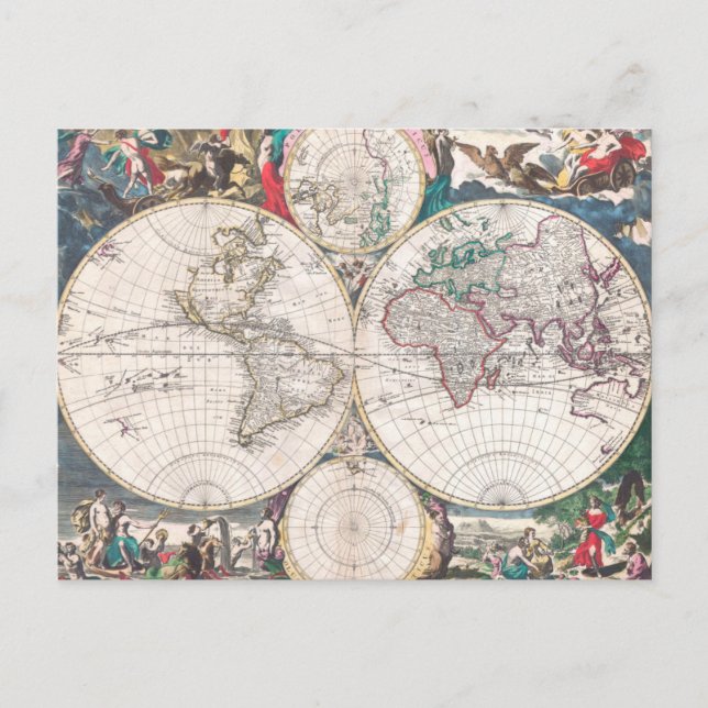 Antique Double-Hemisphere World Map Postcard (Front)