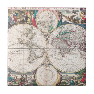 Antique Double-Hemisphere World Map Tile