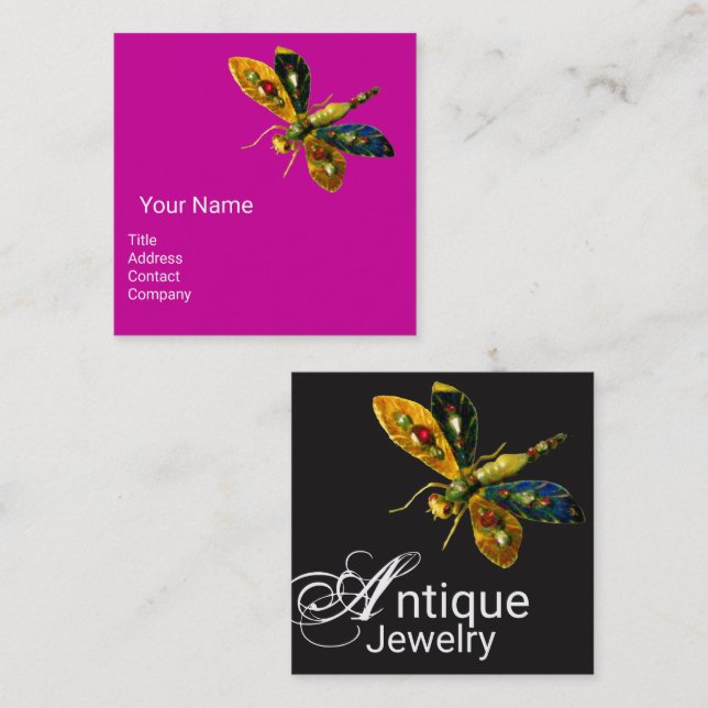 ANTIQUE DRAGONFLY JEWEL Monogram Fuchsia Black  Square Business Card (Front/Back)