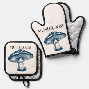 Antique drawing of mushroom  oven mitt & pot holder set