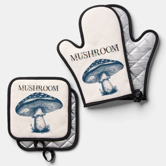 Antique drawing of mushroom  oven mitt & pot holder set (Front/Back)