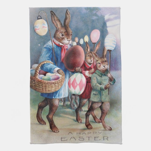 Antique Easter Bunny Parade Post Card Egg Lanterns Kitchen Towel (Vertical)