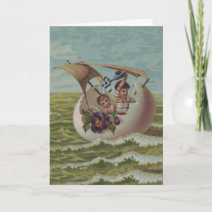 Antique Easter Card Sailing Egg Children