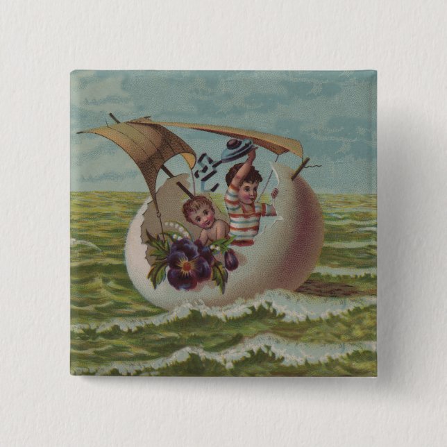 Antique Easter Card Sailing Egg Children 2 Inch Square Button (Front)
