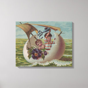 Antique Easter Card Sailing Egg Children Canvas Print