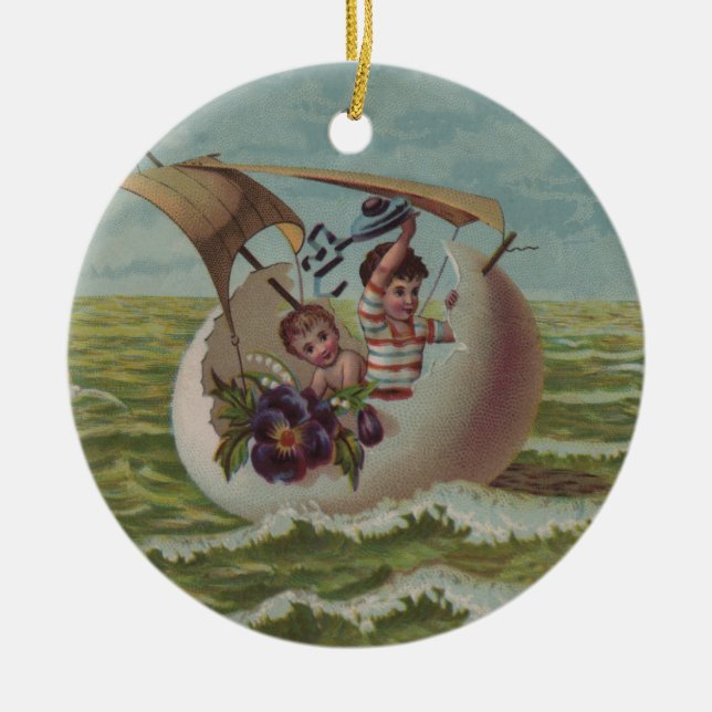 Antique Easter Card Sailing Egg Children Ceramic Ornament (Front)