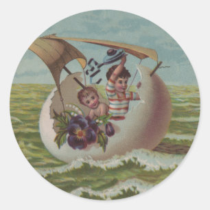 Antique Easter Card Sailing Egg Children Classic Round Sticker
