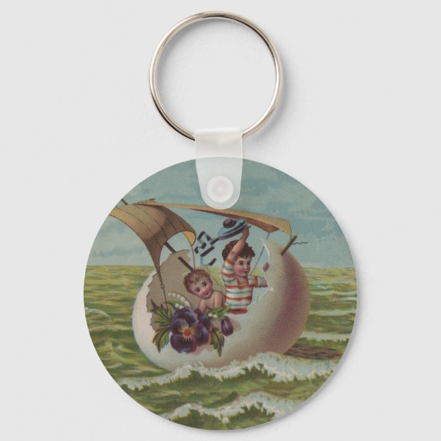 Antique Easter Card Sailing Egg Children Keychain (Front)