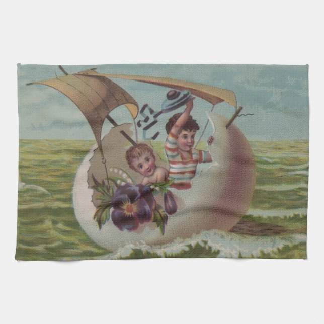 Antique Easter Card Sailing Egg Children Kitchen Towel (Horizontal)
