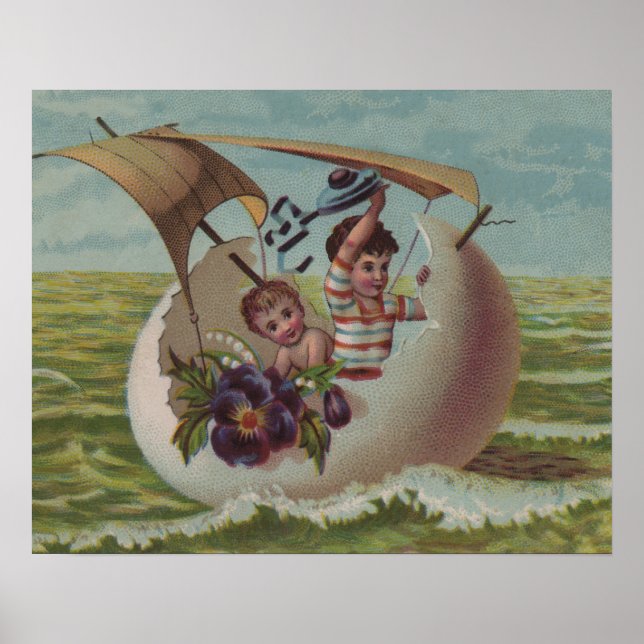 Antique Easter Card Sailing Egg Children Poster (Front)
