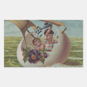 Antique Easter Card Sailing Egg Children Sticker