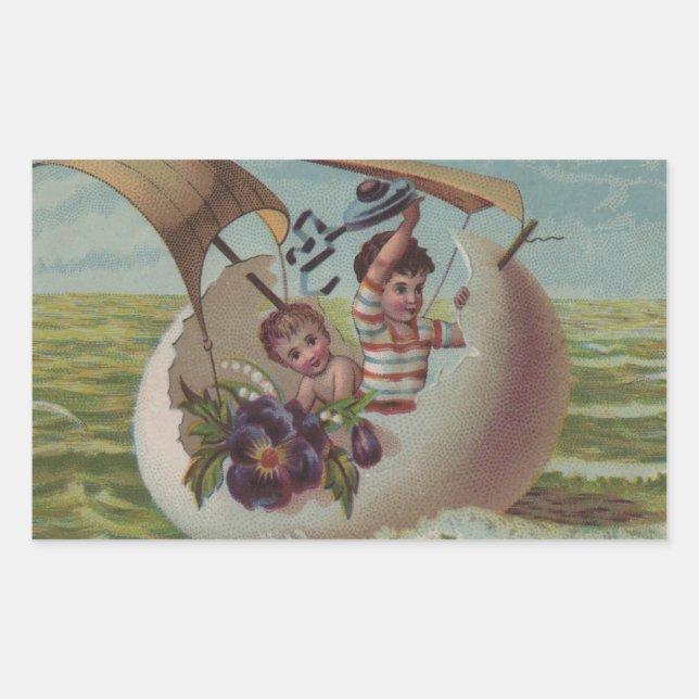 Antique Easter Card Sailing Egg Children Sticker (Front)