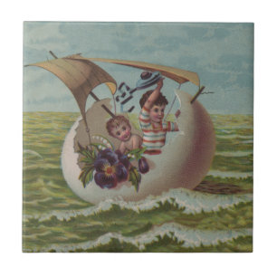 Antique Easter Card Sailing Egg Children Tile