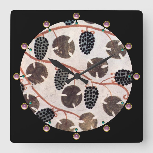 ANTIQUE EGYPTIAN VINEYARD GRAPES,GRAPE VINES Black Square Wall Clock (Front)