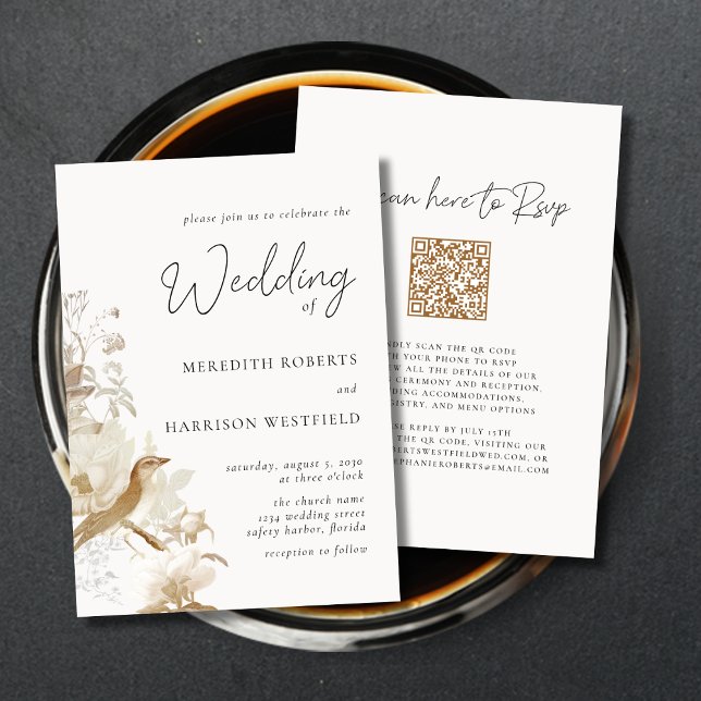 Antique Elegance Vintage Floral Wedding Invitation (Antique Elegance Vintage Floral Wedding Invitation with QR Code on the Back)