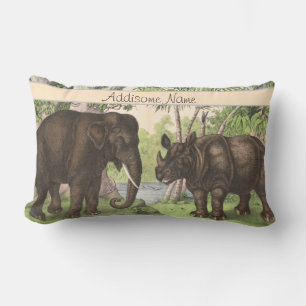Antique Elephant in Jungle Print Lumbar Pillow