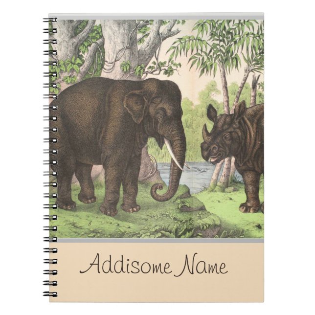 Antique Elephant Rhino in Jungle Print Notebook (Front)