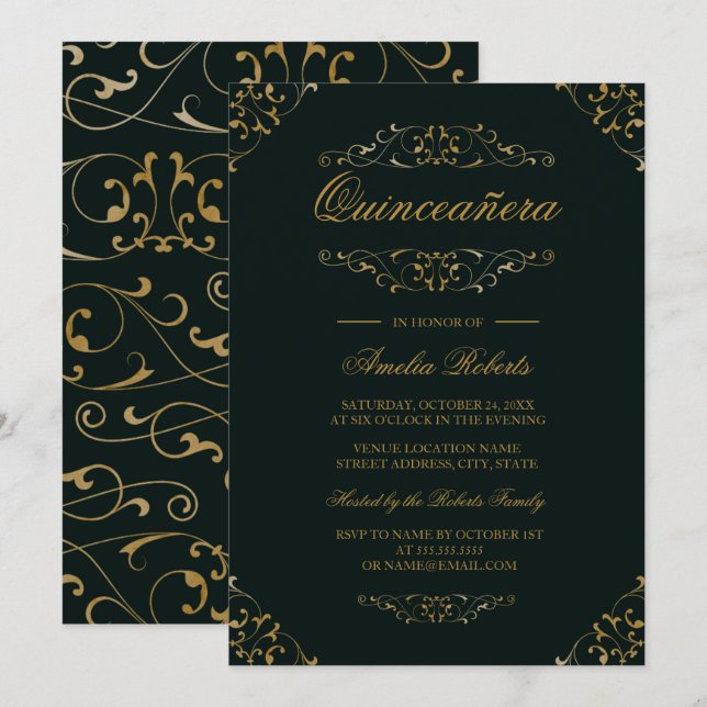 Antique Emerald Gold Flourish Quinceanera Invite (Front/Back)