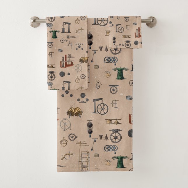 Antique Engineering Mechanical Scientific Bath Towel Set (Insitu)