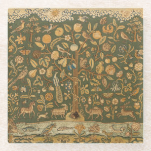 Antique English Needlepoint Tree of Life & Unicorn Glass Coaster