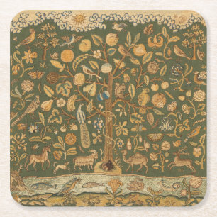 Antique English Needlepoint Tree of Life & Unicorn Square Paper Coaster