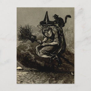 Antique Engraving Witch on Broom Postcard