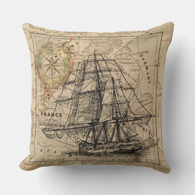 Antique Europe Map Ship Sail Nautical Marine Outdoor Pillow (Front)