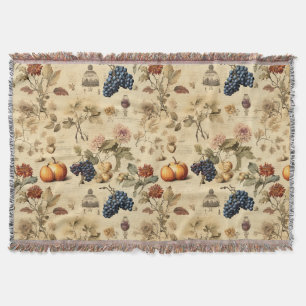 Antique Fall Vineyard Pumpkin Grape Botanical Throw Blanket