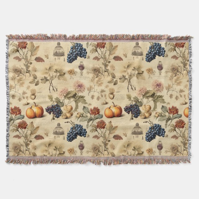Antique Fall Vineyard Pumpkin Grape Botanical Throw Blanket (Front)