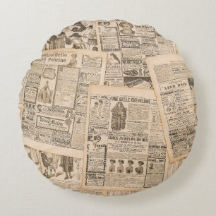 Antique Fashion: Newspaper Advertising Pages Round Pillow