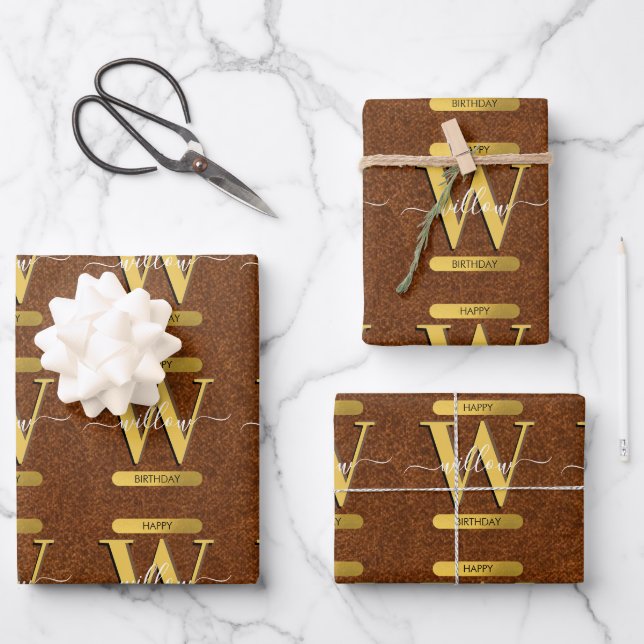 Antique Faux Leather & Gold Monogram Birthday Wrapping Paper Sheet (Front)