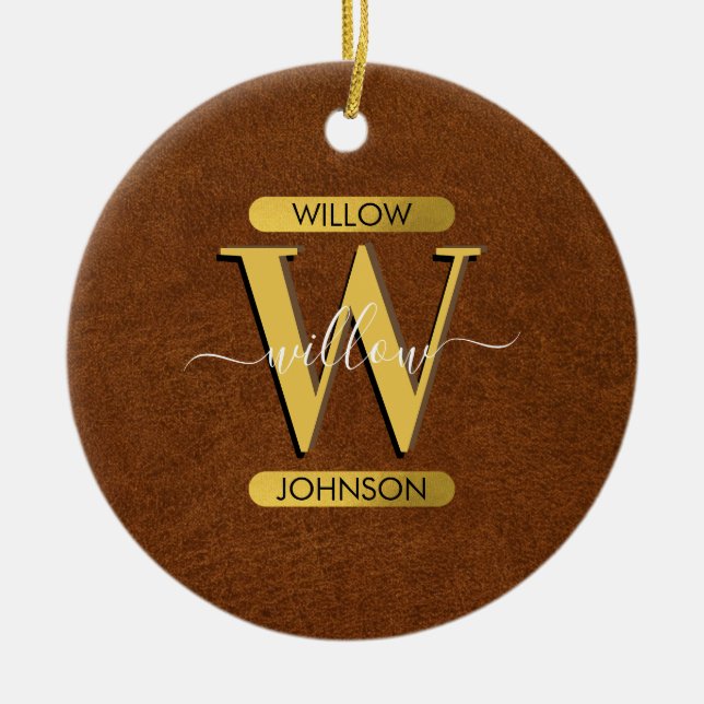 Antique Faux Leather & Gold Monogram Ceramic Ornament (Front)