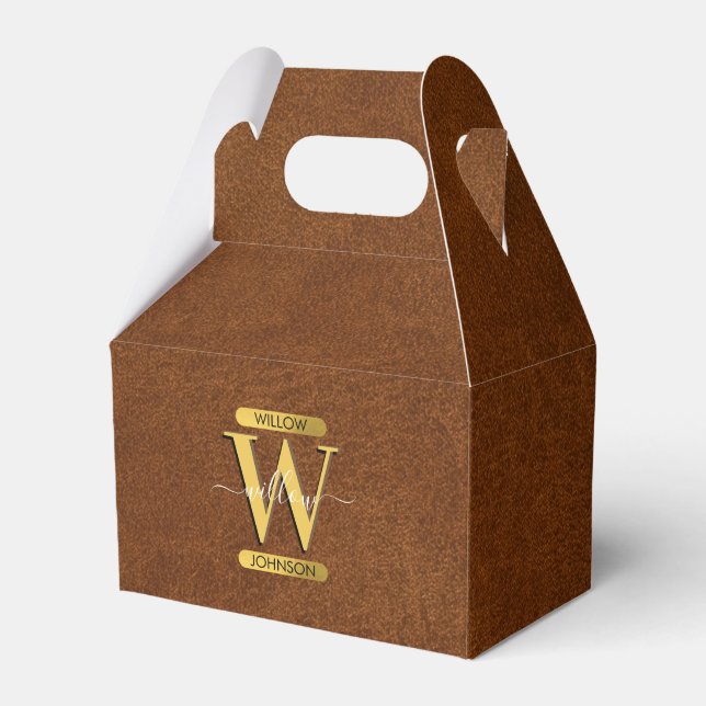 Antique Faux Leather & Gold Monogram  Favor Box (Front Side)